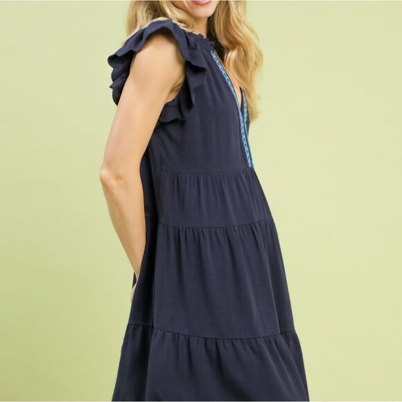 Umgee  Navy Ruffled Linen Tiered Baby Doll Dress sz Small - Picture 6 of 6